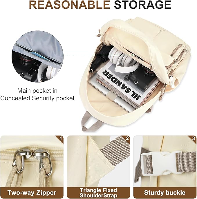 weradar Cute Backpack For School Teens Girls,Aesthetic Bookbag,Waterproof College Backpack For Women,Middle School Bag Casual Daypacks Travel Back pack With Lots of Pockets(Beige)