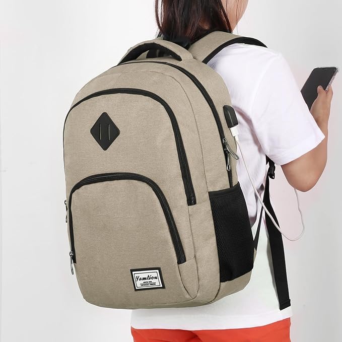 YAMTION School Backpack with USB Charging Port for Laptop College Travel Work Office Teens Beige Beige 15.6 Inches