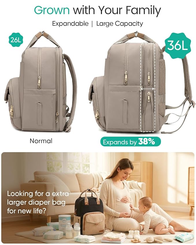 Extra Large Diaper Bag Backpack for Two Kids Twins - Expandable (26-36L) Baby Bag for Mom Girls Boys, Dual Big Compartments - Includes Changing Pad & Stroller Straps, Khaki, Quilted