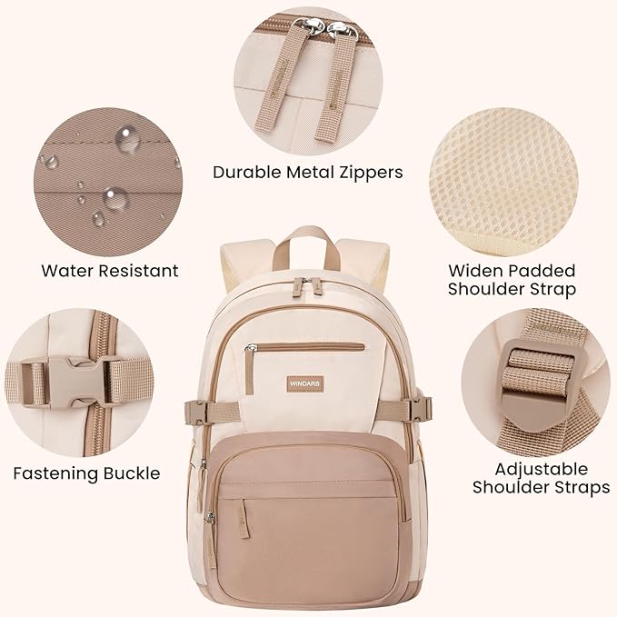 Backpack for School Girls, Cute High School Backpacks for Teens Women Student Large Bookbag 15.6 Inch Laptop Bag with USB Charger Port for College Work Travel Trip (Khaki Beige)