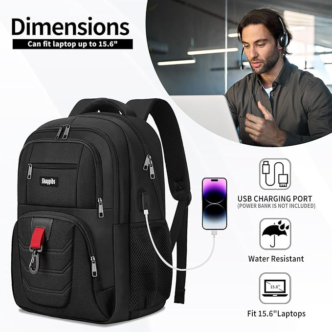School Backpack for Boys Teens, Black Backpack for Men Women, 15.6 Inch Laptop Backpacks with USB Port, Water Resistent book bag, Work College Student Bookbag, back pack