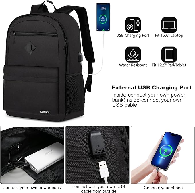 School Backpack Teen Boys and Girls, Classical Basic Black Backpack, 15.6 Inch Laptop Bookbag for Women Men, and College High School