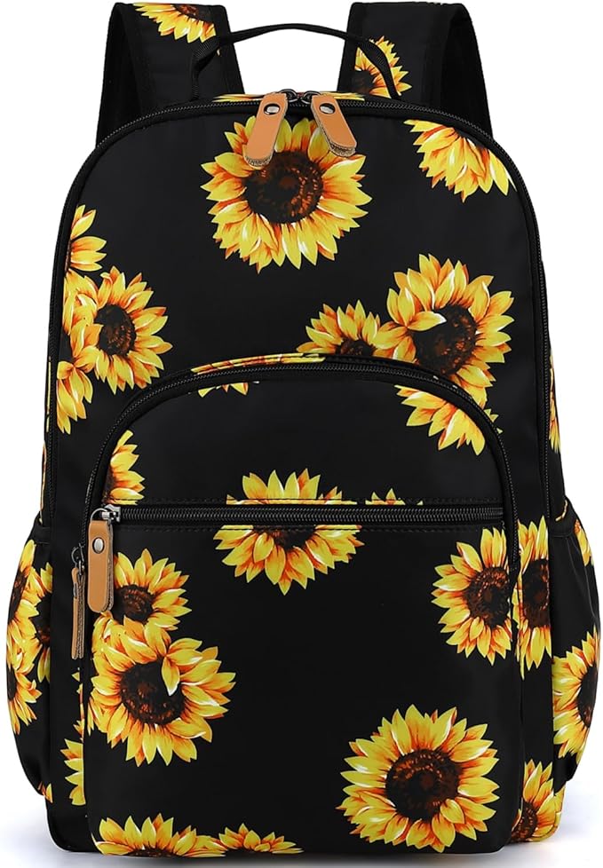Leaper Laptop Backpack for Women: Cute Girls Sunflower Bookbag for School College Travel Work - Lightweight Book Bag Floral for Kids Teen - Aesthetic Back Pack Stylish Hiking Daypack for Teacher Black