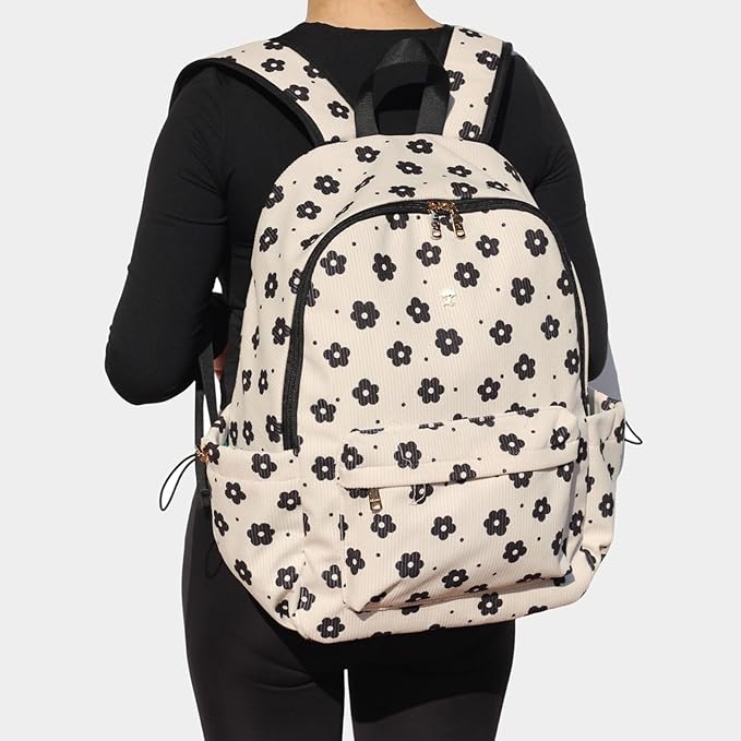 ESVAN Corduroy Backpack Lightweight Fashion 17 inch Laptop Bag for Women Casual College (Corduroy Black flower)