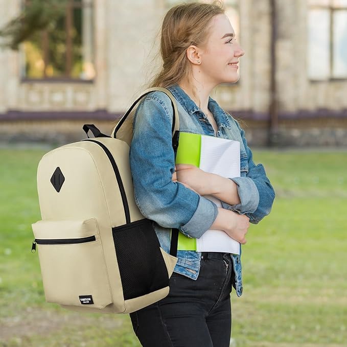 YAMTION School Backpack,Unisex Classic Bookbag Teens Schoolbag with USB Port for High School College Office Work Travel, 15.6 inch, Beige