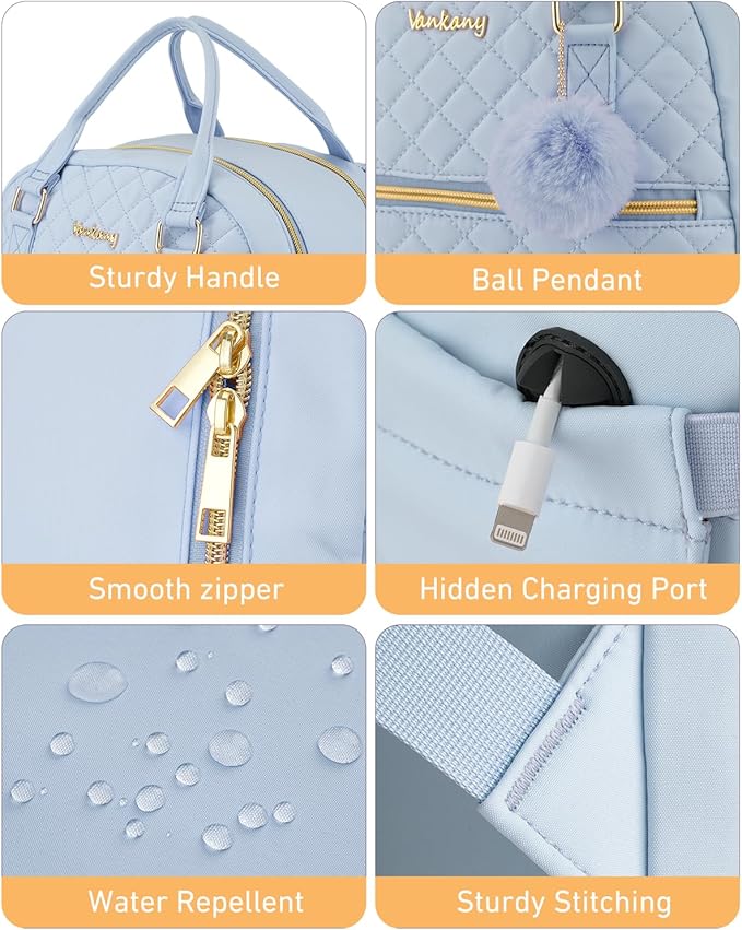 Teen Girls Backpack, Aesthetic School Book Bag with Charging Hole for Kids Elementary Middle High School College Women, Blue
