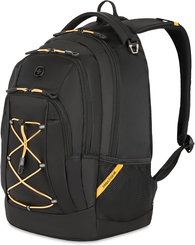 SwissGear 1186 Special Edition 13” Laptop Backpack Black/Gold – Compact Tech Bag with Reflective Accents – Multiple Organizer Pockets with Bungee Cords & D-ring Attachment Point