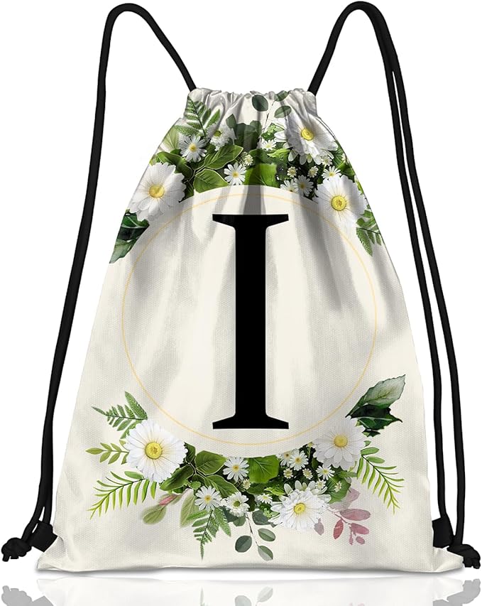 Initial Letter Drawstring Backpack String Sports Gym Bags Waterproof Sackpack Cute for Men Women Beach (13"×17") (Letter-I)
