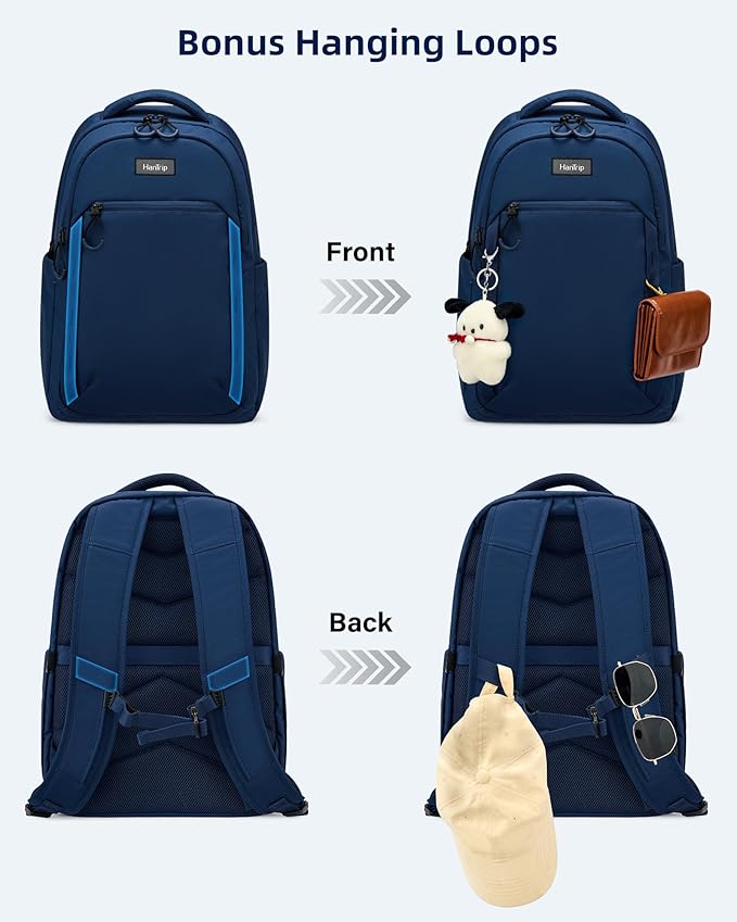 Travel Laptop Backpack for Women Men, 18 Inch Large Work Backpack for Commuter College School Book Bags, Water Resistant Backpack with Luggage Strap Water Bottle Pocket Chest Strap, Navy Blue