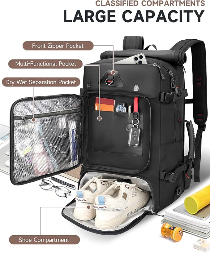 Travel backpack for men,60L Extra Large Carry on Backpack Durable Convertible Duffle Bag with Shoe Compartment Fit for 17 Inch Laptop for travel, camping,Weekender Hiking