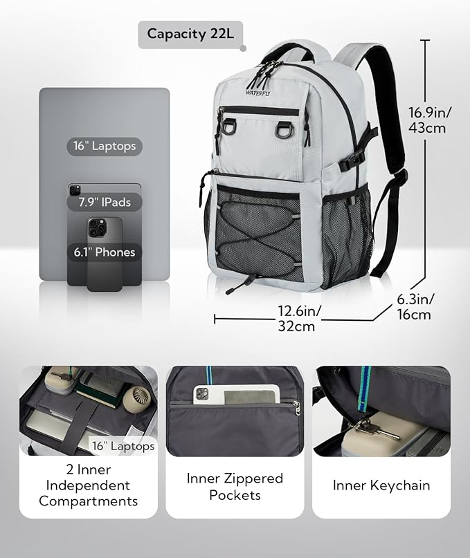 WATERFLY Travel Hiking Casual Backpack: 22L Lightweight Everyday Outdoor City Daypack College Bookbag for Women Men