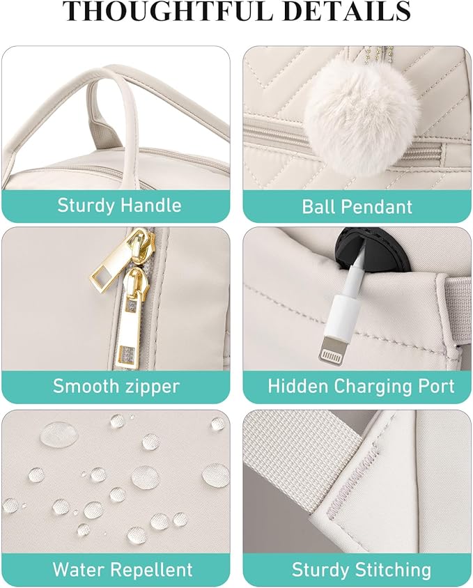 Aesthetic Bookbag for School Girls, Laptop Backpack with Charging Hole for College Women Teens Casual Daypack, Beige