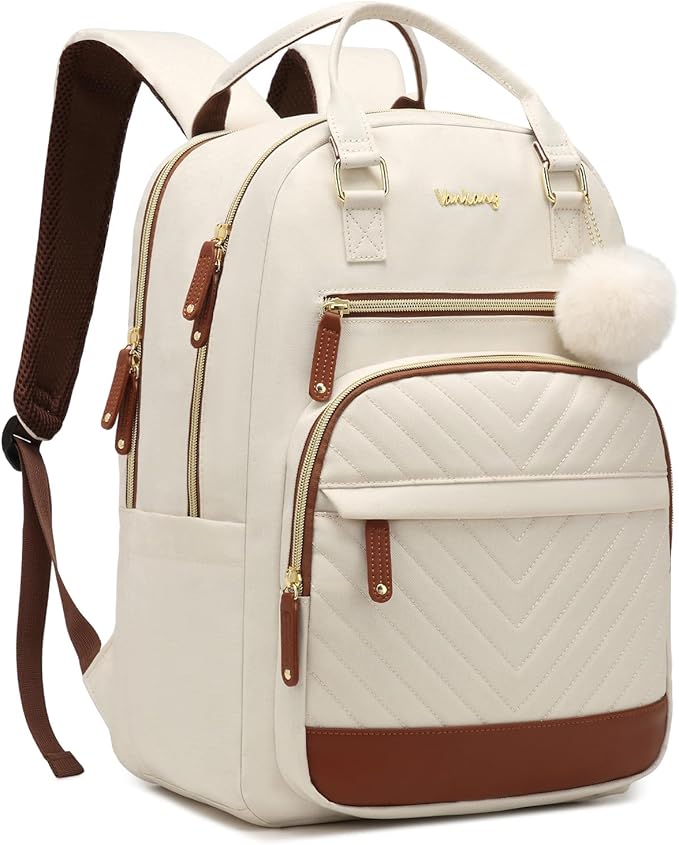 Womens Everyday Laptop Backpack, Aesthetic School Backpack for Teen Girls College Student, Cute Bookbag Purse for Work Travel, Beige Brown