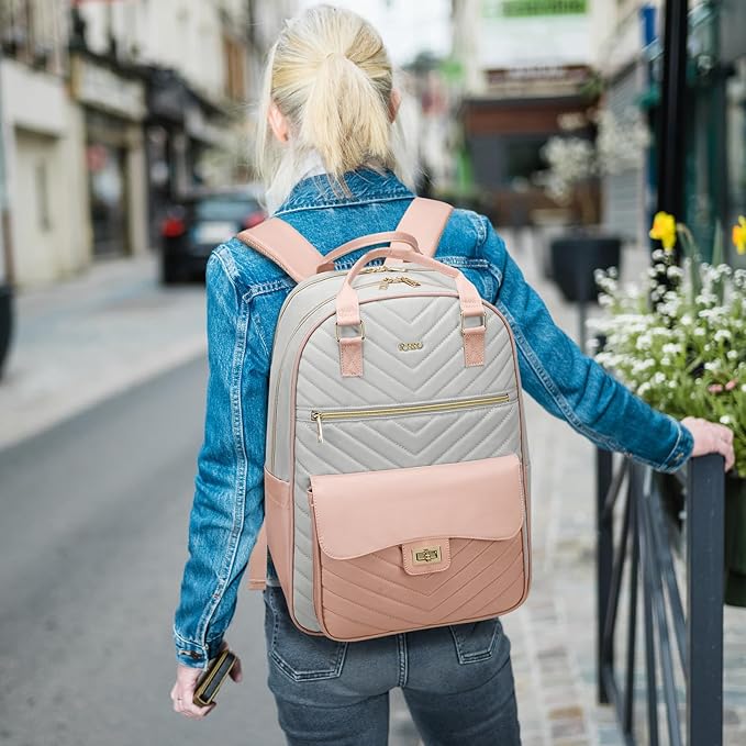 Bookbag for Girls,College Backpack with Laptop Compartment for School Travel,Student Computer Bag Mochilas Escolares,Pink Gray