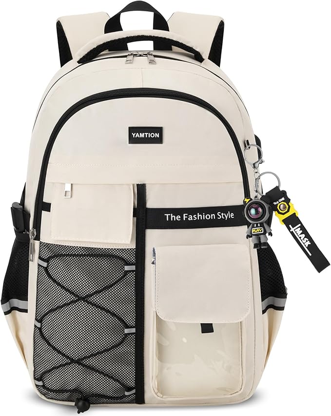 YAMTION Backpack for Teens,Laptop Backpack with USB Charging Port for Work,Casual College Back Pack School Bookbag for Boys Kids,Beige