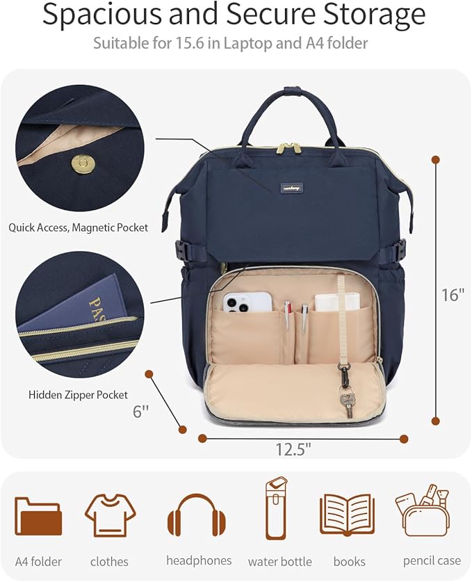 Computer Backpack for Women, Work Bag Laptop Bookbag with Cup Holder & USB Charger for Teacher Nurse College Travel Back Pack, Gifts, Navy Blue