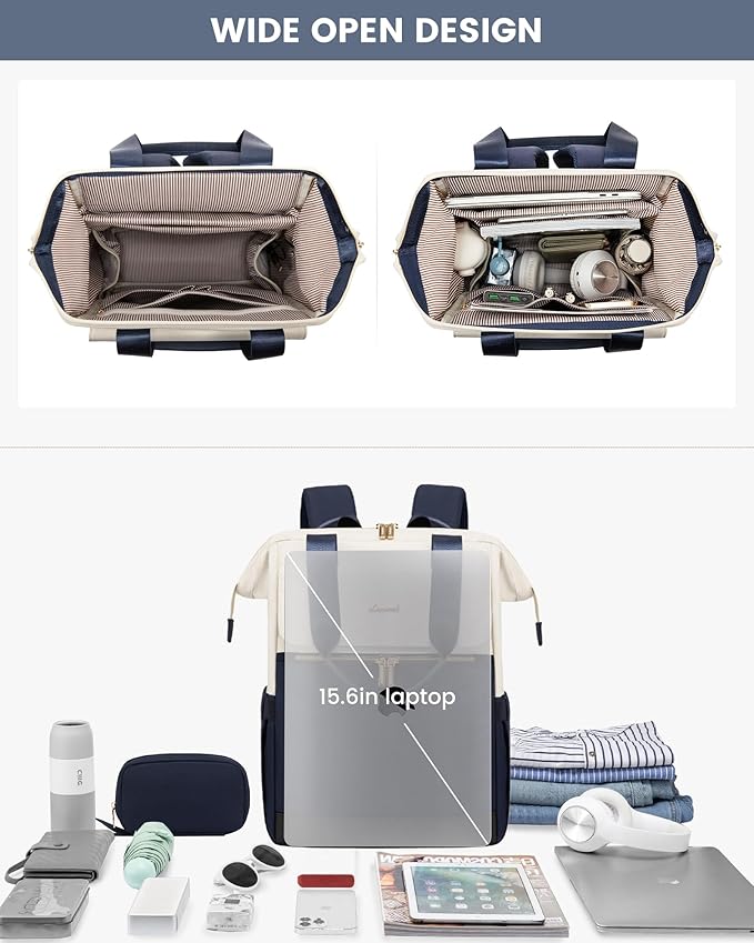 LOVEVOOK Laptop Backpack for Women, 15.6 Inch Work Laptop Bag with USB Port, Fashion Teacher Nurse Backpack Purse, Waterproof Travel Computer Backpack with Organizer Bag, 2PCS, Beige-Blue