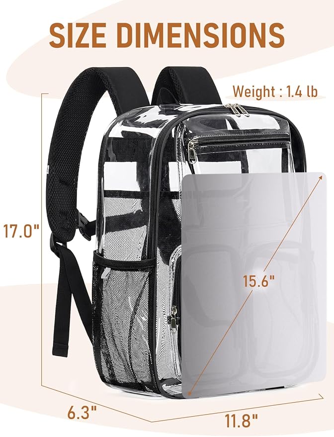 Clear Backpack Heavy Duty for Women Men Boys Girls, Clear Bookbag for School, 17 Inch Transparent Backpack with All-Around Reflective Strips for Work Casual Sport, Black
