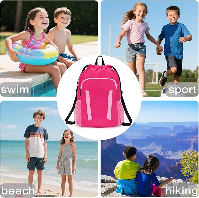 Drawstring Backpack for Kids Sports Gym Bag with Shoes Compartment, Water Resistant Beach Swim Bag String Backpack for Girls and Boys, Pink
