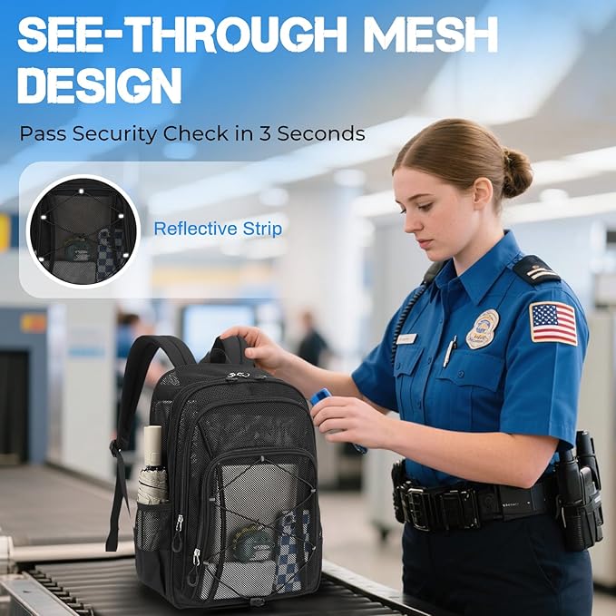 Mesh Backpack, Heavy Duty Mesh Bookbag for Girls Boys Kids, See Through Clear Backpacks, Net Backpack Transparent Breathable for School Beach Swim Travel Outdoor, Black