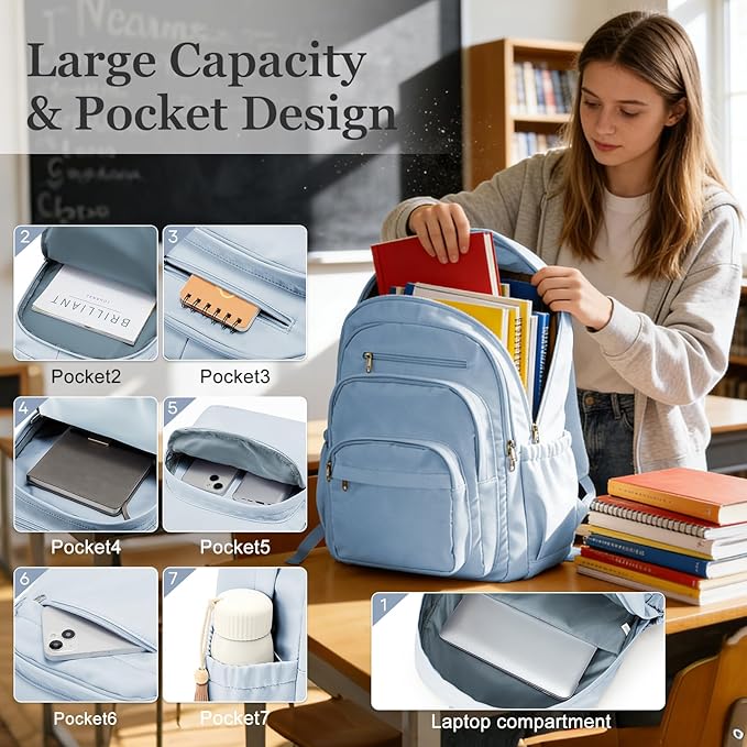 College Backpack For Women Men,Lightweight High School Bag,School Backpack With Lots Of Pockets,Cute Bookbag For Teens Boys Girls,Casual Daypack Backpack For School(Blue)