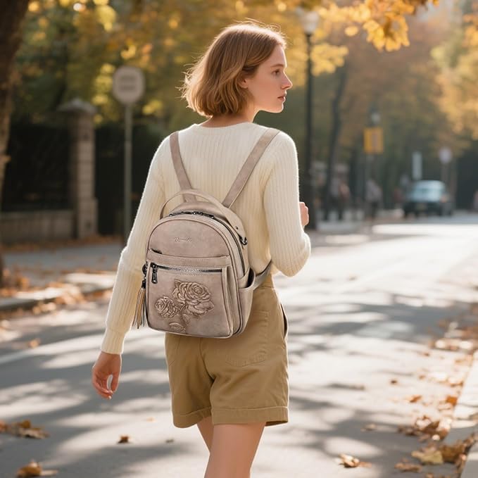 Mini Backpack Purse for Women,Embossed Vegan Leather Small Backpack Fashion Backpacks Daypacks Shoulder Handbag (Apricot)