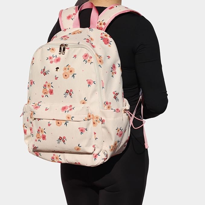 ESVAN Corduroy Backpack Lightweight Fashion 17 inch Laptop Bag for Women Casual College (Corduroy Beige Flower)