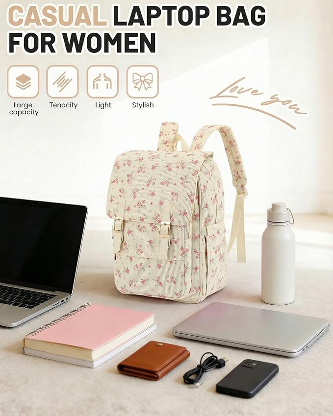 Corduroy Laptop Backpack for Women, Fits 15.6 Inch Computer Bag, College High School Bookbag Travel Daypack Purse, Work Business Bags - Beige Corduroy Floral Pink