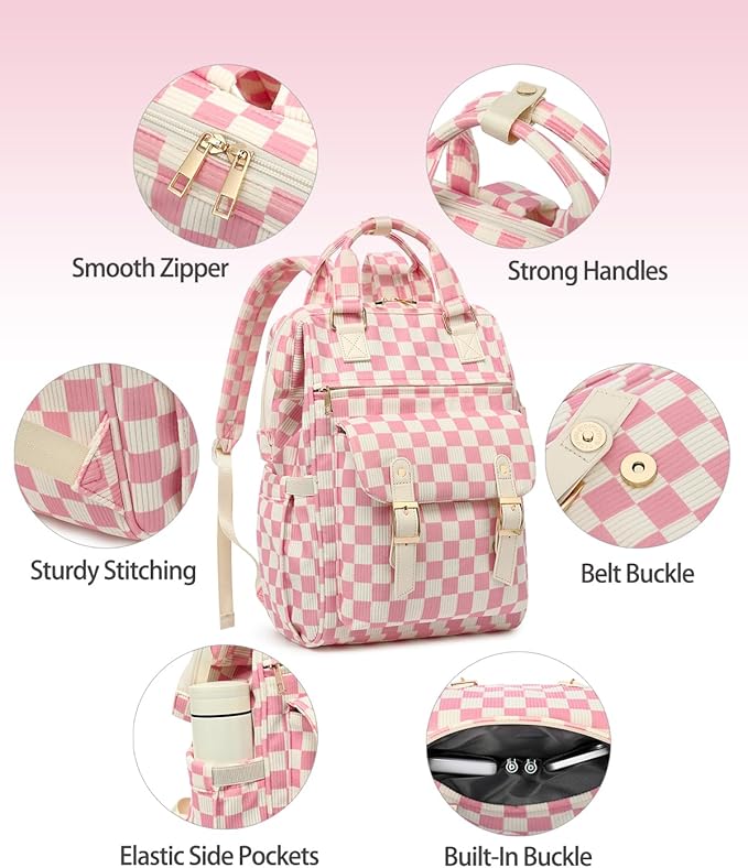 Laptop Backpacks for Women, Corduroy High School College Bookbag 15.6 Inch Laptop Bags for Girls Travel Daypack - Checkered Pink