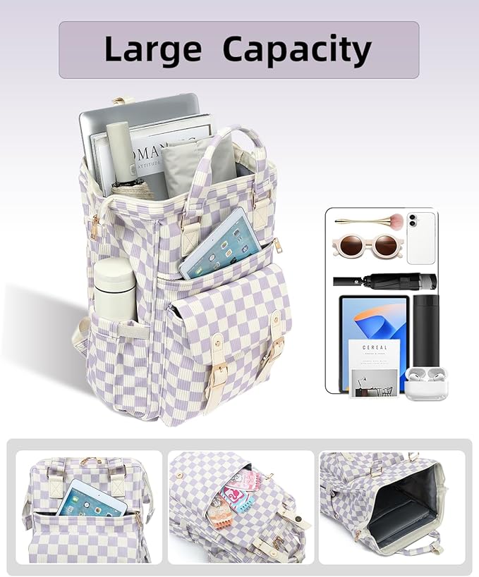 Laptop Backpacks for Women, Corduroy High School College Bookbag 15.6 Inch Laptop Bags for Girls Travel Daypack - Checkered Purple