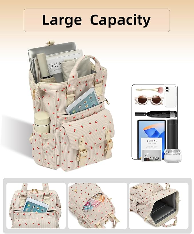 Laptop Backpacks for Women, Corduroy High School College Bookbag 15.6 Inch Laptop Bags for Girls Travel Daypack - Cherry Beige