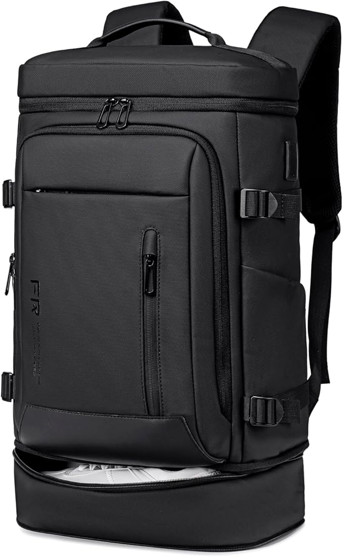 FENRUIEN Travel Backpack with Shoe Compartment, Water Resistant Backpack Carry On Luggage with USB Charging Port, Black