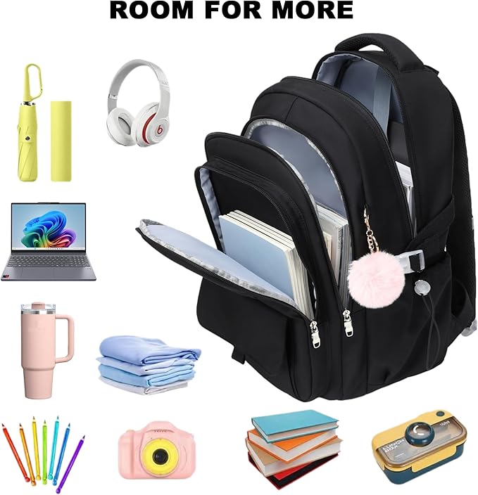 Laptop Backpack 15.6 Inch College Backpacks for Women, School Backpack for Girls,Students Aesthetic Anti Theft Travel Daypack Large Bookbags Middle High School Back Pack(Black)