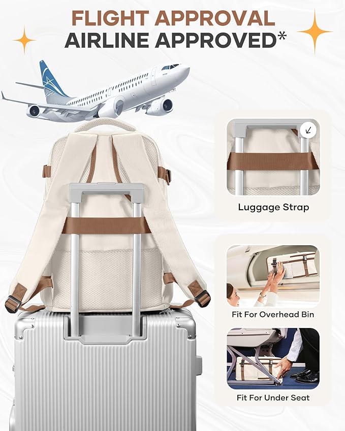 Travel Backpack Carry on Flight Approved Mochila De Viaje Personal Item Backpack for Airlines Frontier Airlines Personal Item Bag Large Backpack for Travel Backpacks for Men Women Beige with Brown