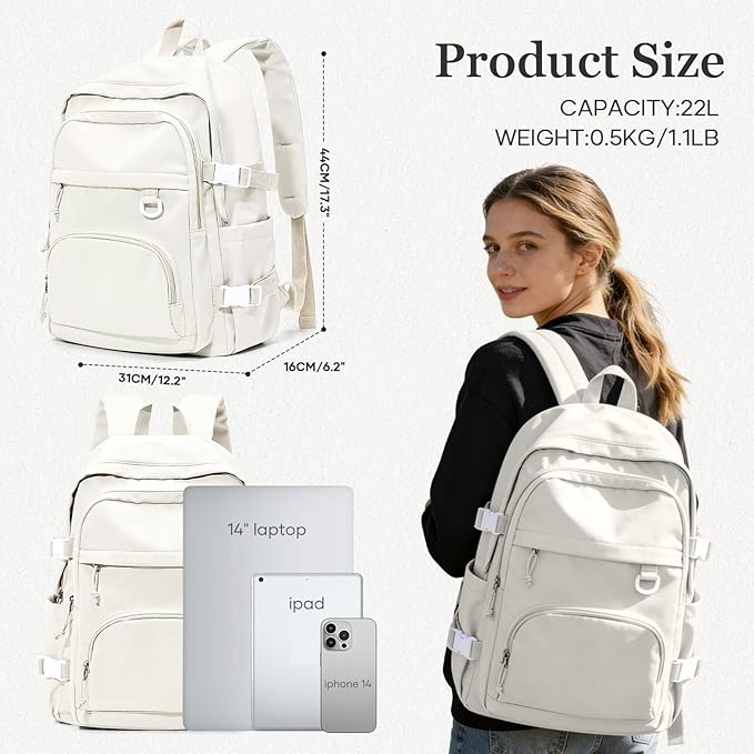 Lightweight College Backpack for Women Men Cute School Bag for Teens Girls Boys High School Backpack for Students Waterproof Casual Daypack Backpack（Beige）