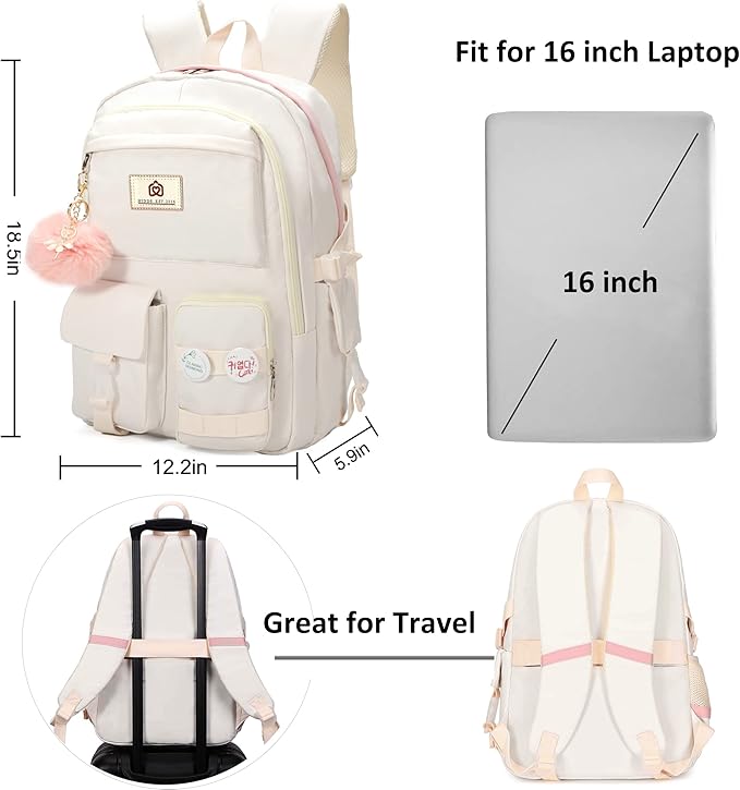 Laptop Backpacks 15.6 Inch College Backpack Elementary Middle High School Bag Large Cute Bookbags Anti Theft Travel Back Pack Casual Daypack Kids Book Bag for Teens Girls Women Students (Off-white)