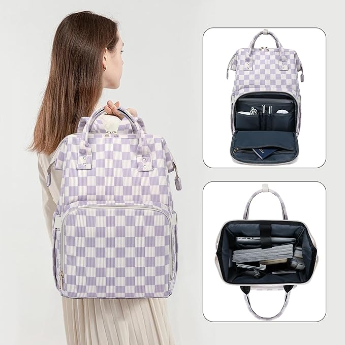 Laptop Backpack for Women, Corduroy College School Backpack Bookbag 15.6 inch Business Computer Travel Backpack (Checkered Purple)