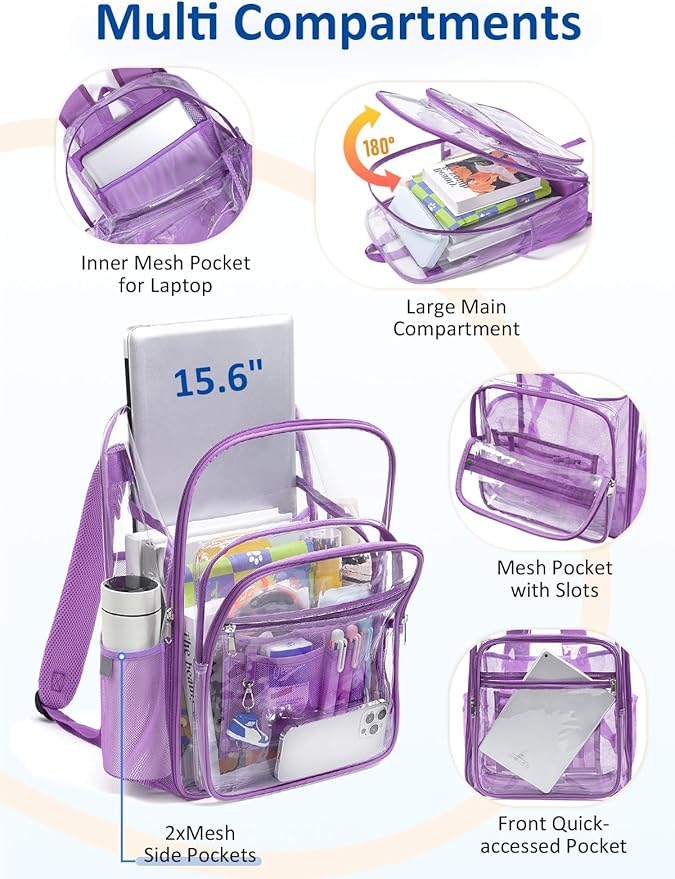 Extra Large Clear Backpack with TSA Lock, Heavy Duty Transparent See Through Clear Bookbag for College, Work, Travel, Casual Sport, Purple