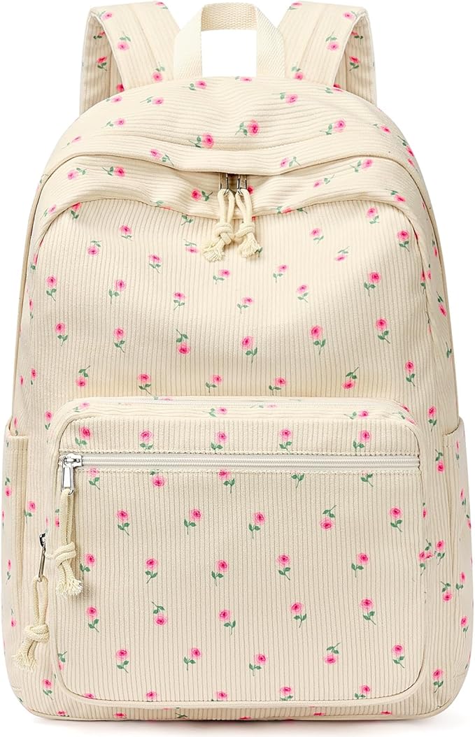 mibasies School Backpack for Girls with Laptop Sleeve: 18IN Large Capacity Corduroy Bookbag for Primary Middle School/College, Travel Daypack for Teens Women - Beige Rose