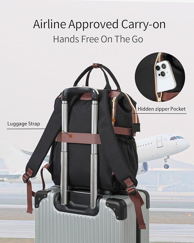 18in Computer Backpack for Women, Work Bag Laptop Bookbag with Cup Holder & USB Charger for Teacher Nurse College Travel Back Pack, Gifts, BlackWhiteBrown