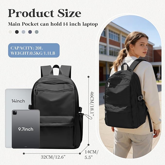 Simple Black School Backpack For Women,Lightweight College Backpack,High School Bag For Teens Boys Girls,Casual daypack Small Travel Backpacks Men Bookbag