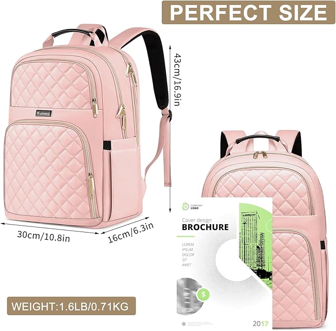 Backpacks for Women, Cute School Backpack for Teen Girls, 15.6 Inch Cute Quilted Laptop Backpack, Large Bookbag for Middle School College Students, Pink