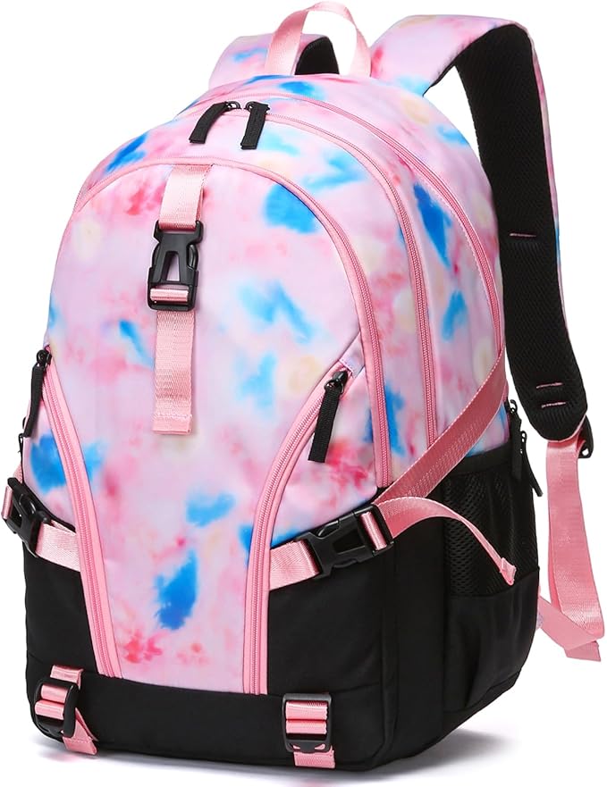 BLUEFAIRY High School Backpack for Girls Boys Middle School Bookbag for Kids Back to School Bag for College with Large Compartment Casual Daypack Mochilas para Niñas Adolescentes 18" Tie Dye Pink