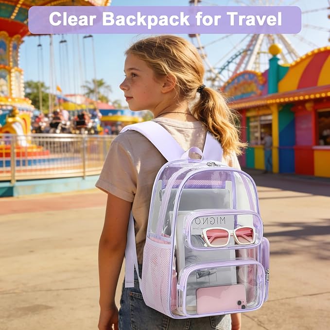 BTOOP Clear Backpack Heavy Duty Transparent Backpack 17" See Through Bookbag for College Work Festival Security Padded Strap (Purple)