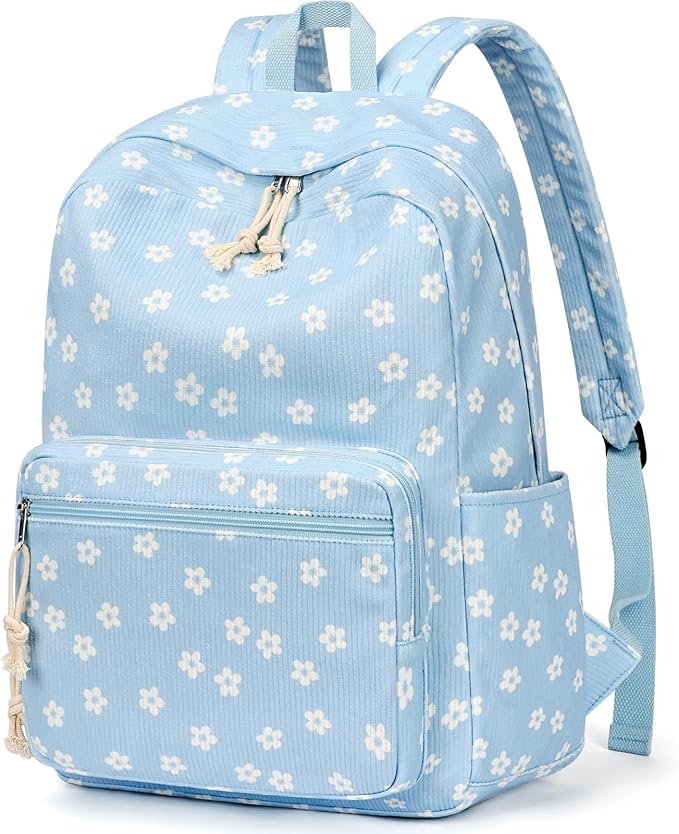 mibasies School Backpack for Girls with Laptop Sleeve: 18IN Large Capacity Corduroy Bookbag for Primary Middle School/College, Travel Daypack for Teens Women - Blue Flower