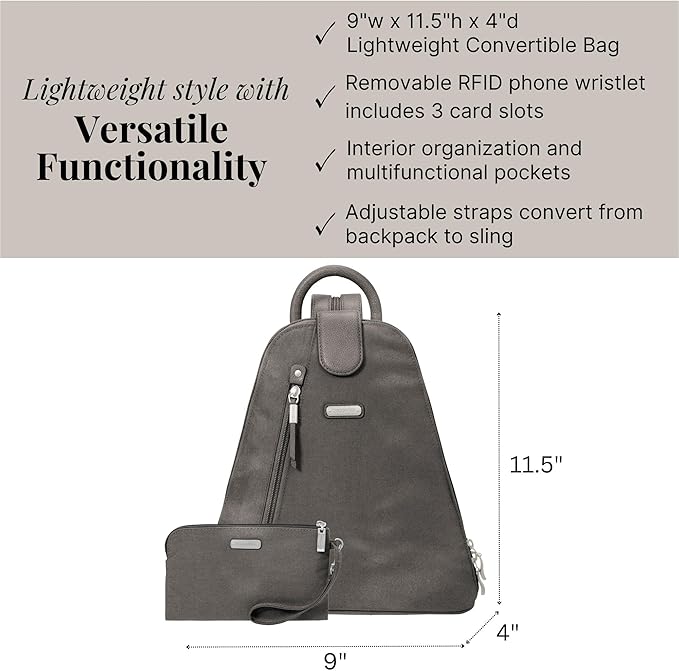 Baggallini Metro Backpack with RFID Phone Wristlet - 9x11 Convertible Sling Bag for Women with Adjustable Shoulder Straps