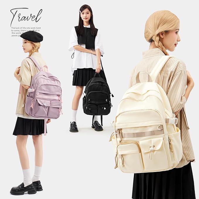 weradar Cute Backpack For School Teens Girls,Aesthetic Bookbag,Waterproof College Backpack For Women,Middle School Bag Casual Daypacks Travel Back pack With Lots of Pockets(Beige)