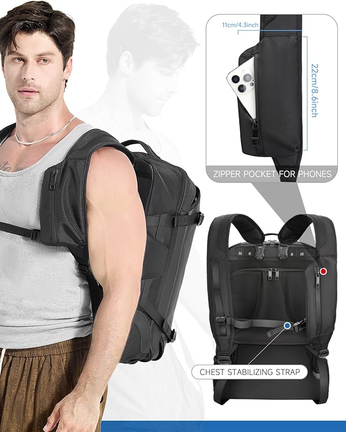 Backpack with wheels,Rolling laptop backpack with 2 Packing Cubes,Water-Resistant,Carry-On Luggage Suitcase for Men Adults to Travel, Commuting,Black