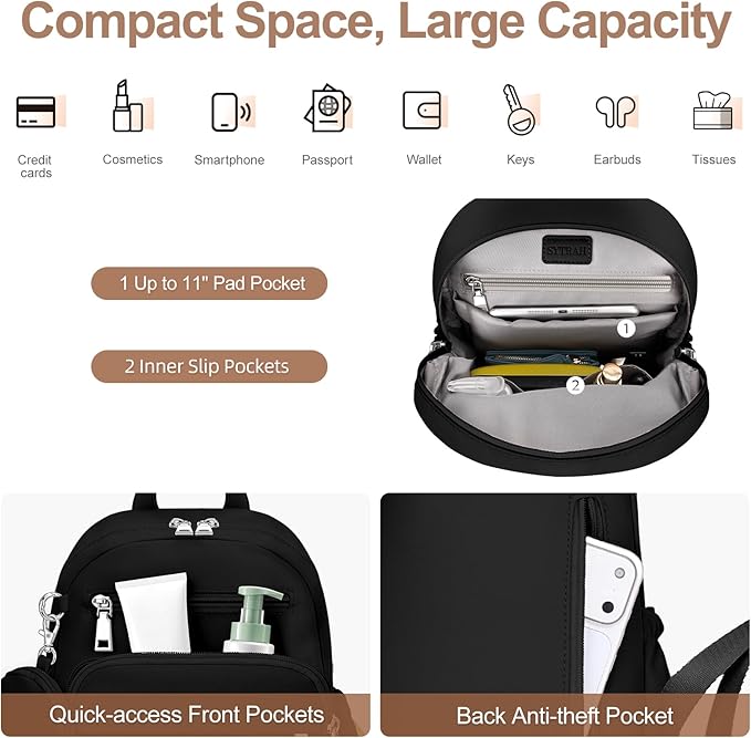 Mini Backpack for Women Small Backpack Purse, Anti Theft Backpack Waterproof Lightweight Puffer Back packs for Travel, Work with Coin Purse Black