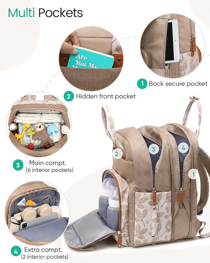 Extra Large Diaper Bag Backpack for Two Kids Twins - Expandable Baby Bag (26-36L), Dual Big Compartments - Includes Changing Pad & Stroller Straps, Unisex Leaf